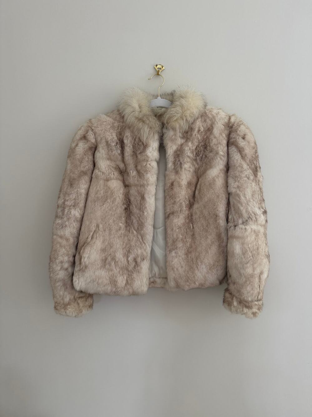 Genuine Rabbit Fur Jacket Coat Ivory Beige Size Small S